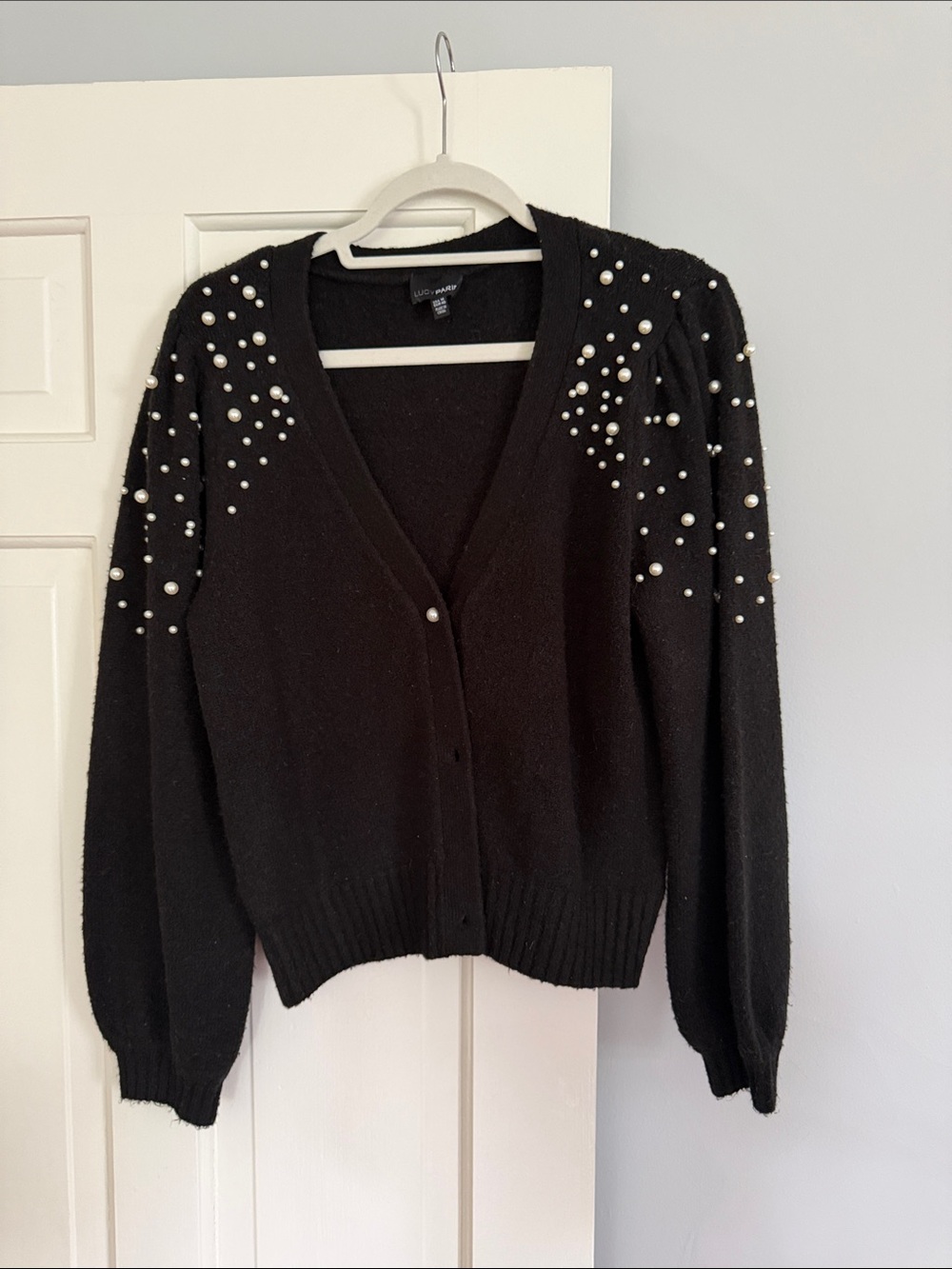 Lucy Paris Black Pearl-Embellished V-Neck Cardigan